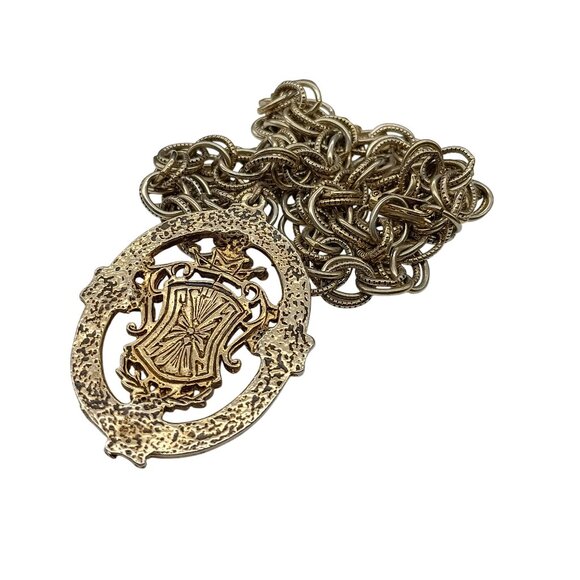 Vintage Heraldic Crest Medallion Pendant Necklace with Ornate Chain - Picture 3 of 4